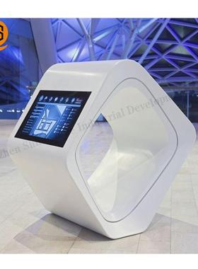 亚克力人造石科技馆指引台白色镶嵌安卓显示屏商场导购台指示台