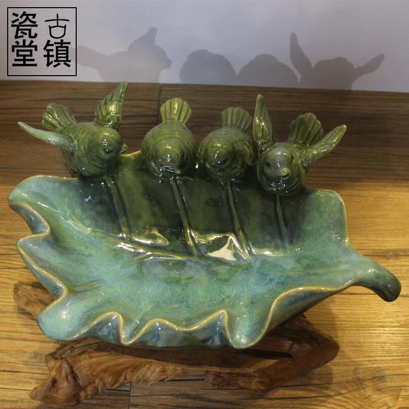陶瓷欧式陶瓷水果盘客厅家用创意装饰品浮雕鸟果盘摆件