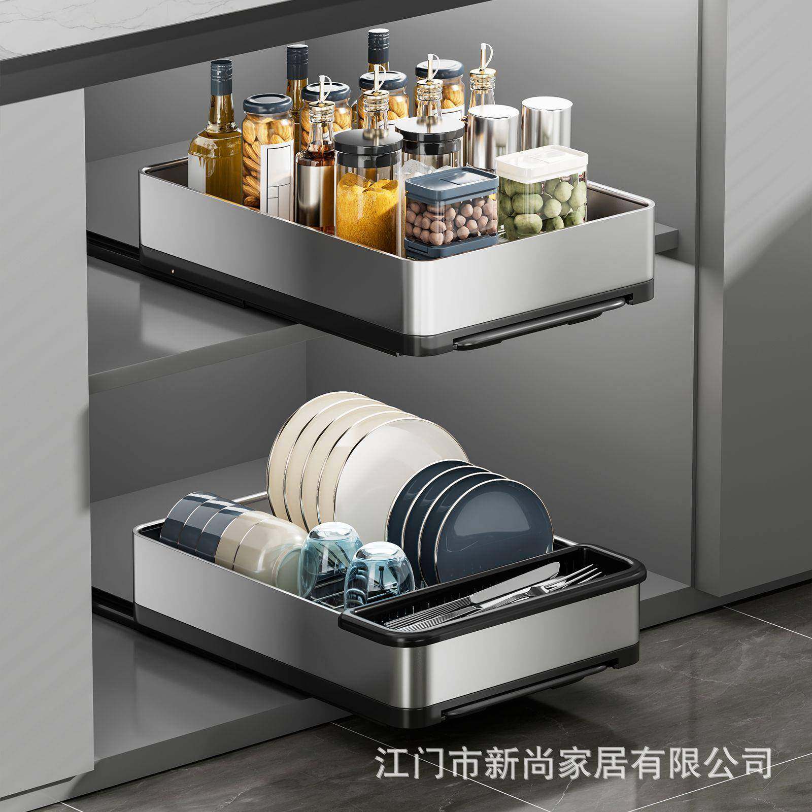 不锈钢厨房抽拉置物架碗碟收纳架橱柜调料托盘厨具拉篮碗盘沥水架