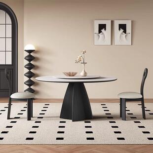 法式实木餐桌家用黑色圆形带转盘意式现代简约纯白复古岩板圆桌子