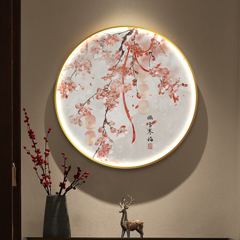 桃花圆形装饰画带灯餐厅挂画发光中国风入户玄关走廊过道梅花壁画