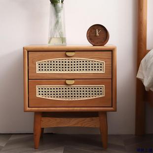 樱桃木实木床头柜藤编北欧日式简约原木小户型卧室储物柜小边柜
