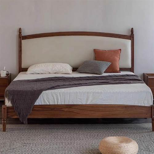 北欧黑胡桃木全实木床复古日式樱桃木软包靠背双人床简约橡木大床