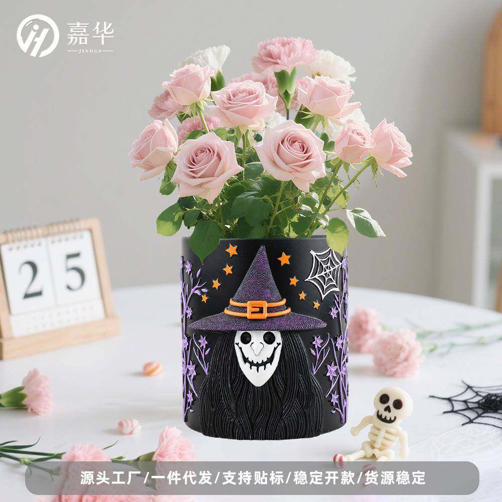 现货万圣节树脂女巫花盆摆件庭院户外装饰鬼屋道具大口径盆栽