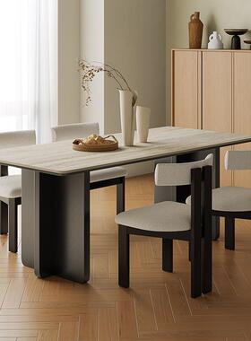 德利丰洞石岩板餐桌椅组合现代简约小户型法式中古风长方形吃饭桌