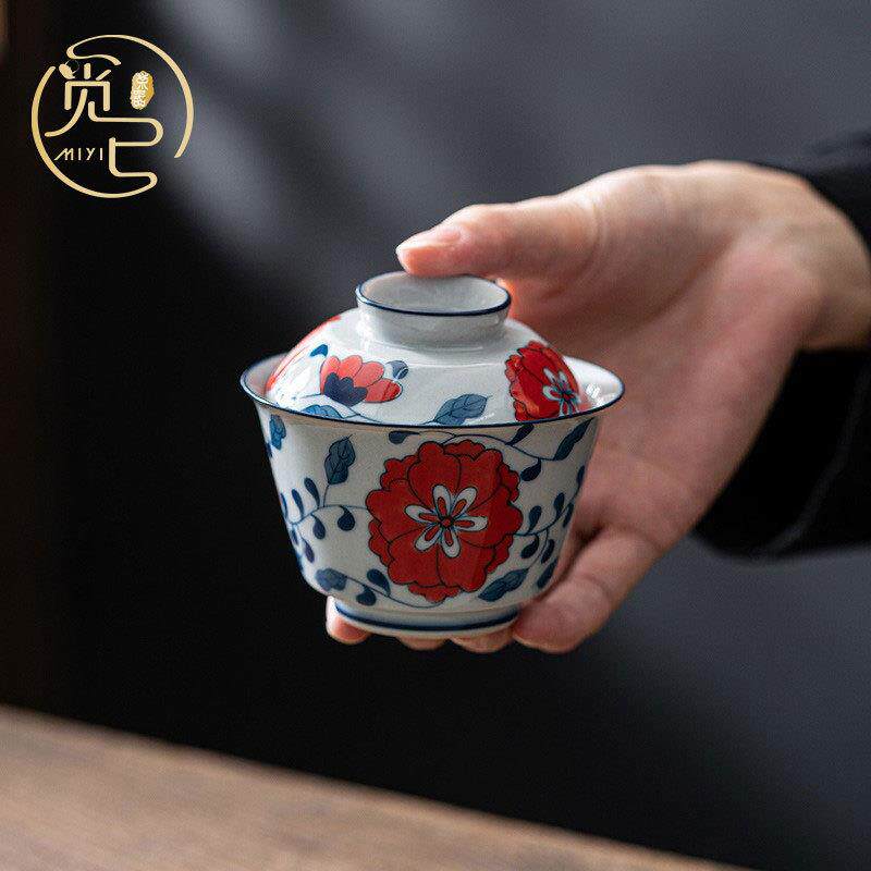 纯手绘牡丹盖碗茶杯单个陶瓷家用三才茶碗青花复古防烫茶具泡茶器