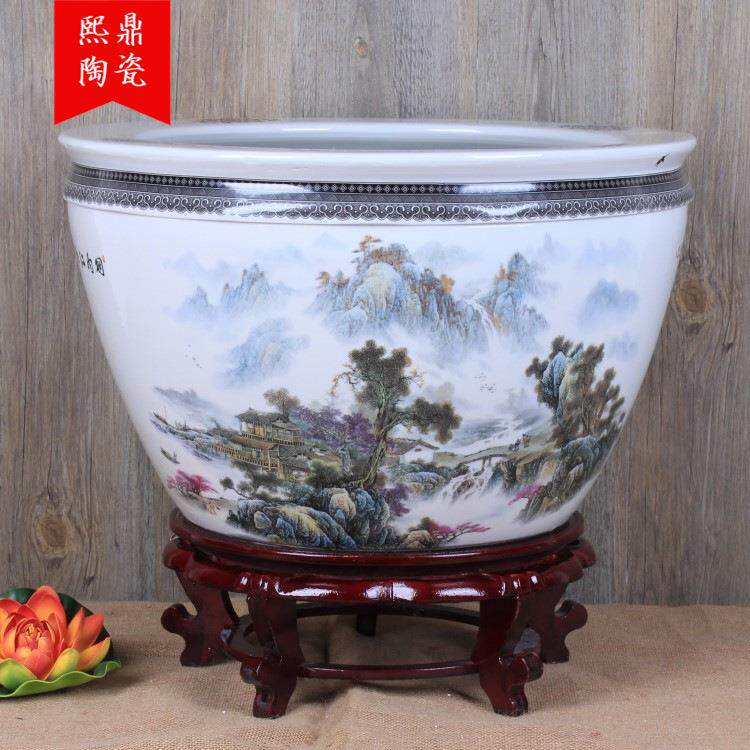 陶瓷大号鱼缸釉上彩烟雨江南金鱼缸水培植物缸风水缸装饰摆件