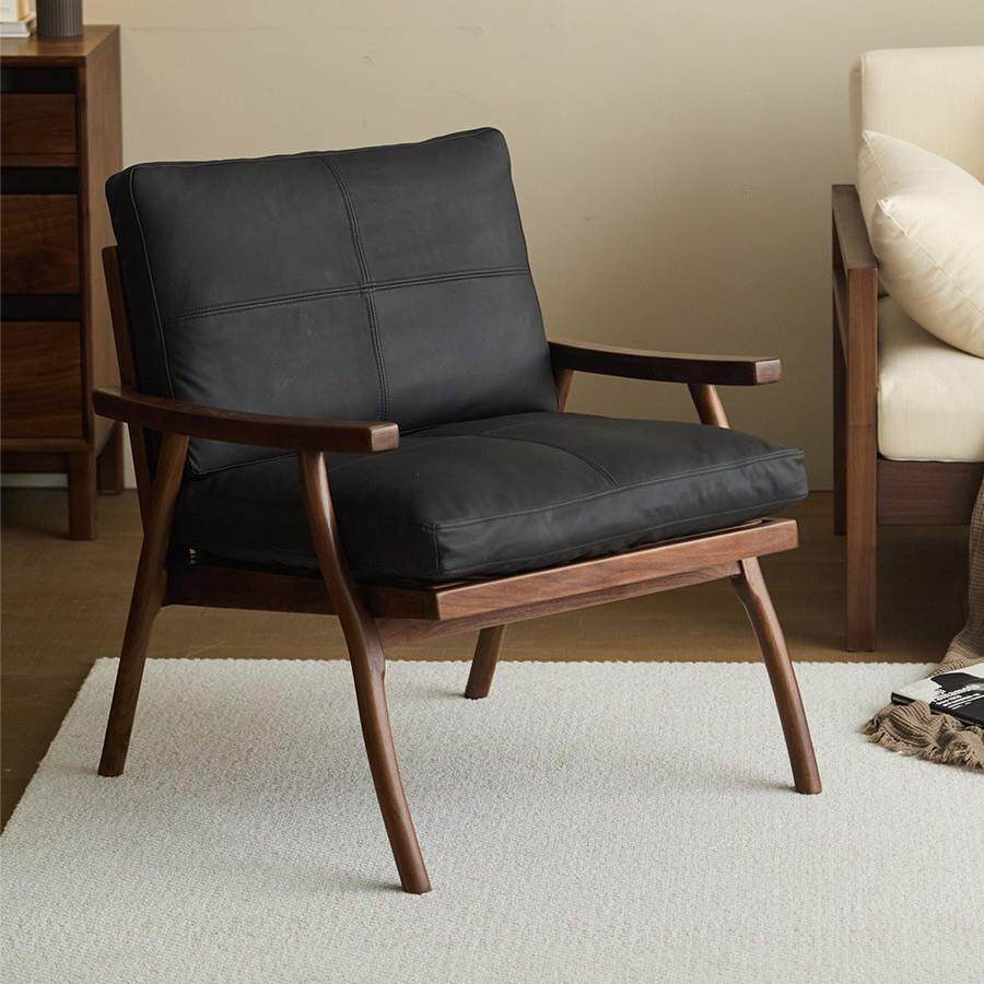 北美黑胡桃木休闲椅北欧实木单人沙发椅客厅扶手椅真皮单椅新中式