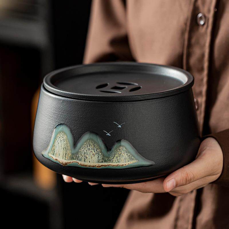 远山茶洗带盖建水茶具配件家用复古黑陶瓷茶盆茶盂水盂茶渣缸茶桌