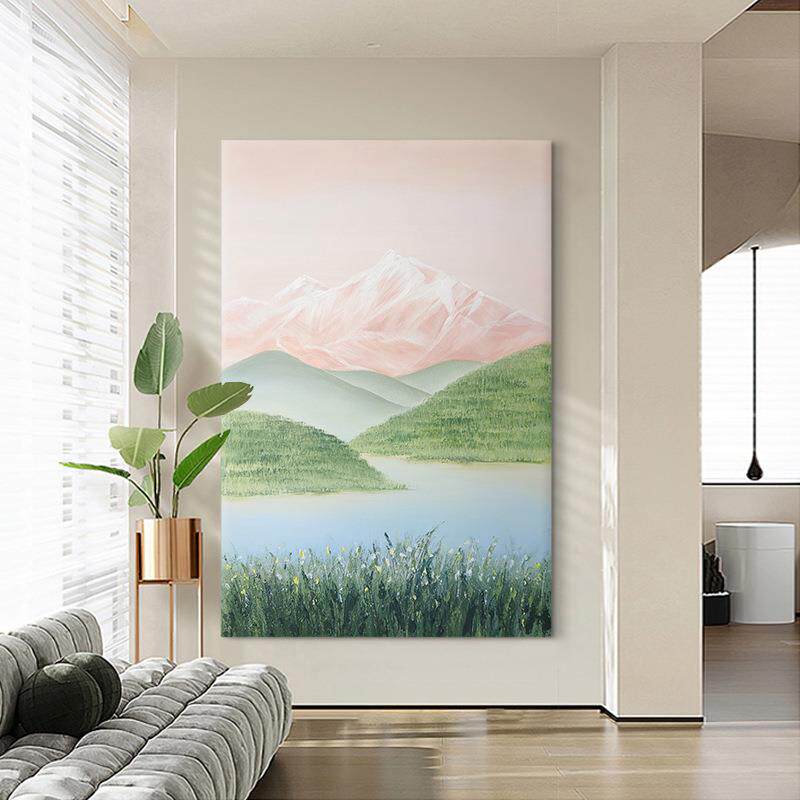 奶油风客厅玄关手绘油画装饰画抽象青山绿水风景高级感落地挂画