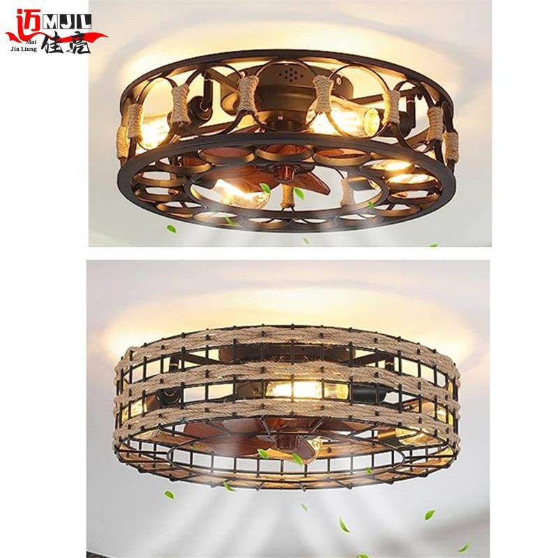 笼式吸顶风扇灯美式复古餐厅卧室客厅铁艺麻绳农舍风扇灯