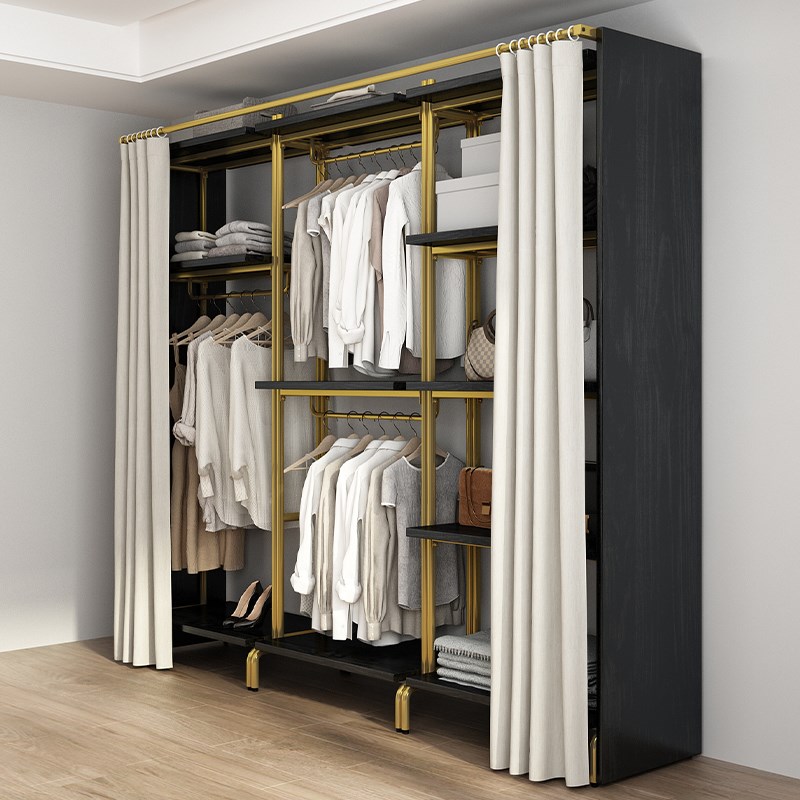 侘寂风金属衣柜家用卧室落地实木衣橱铁艺衣架挂衣柜中古风衣帽间