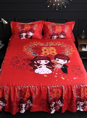 结婚喜庆大红色单件床裙席梦思床罩床套床单1.5m1.8米2米三四件套