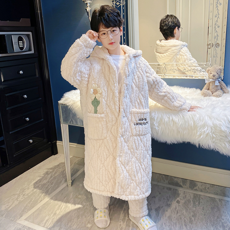 男童睡衣冬季加厚款加绒三层夹棉儿童珊瑚绒大童法兰绒家居服