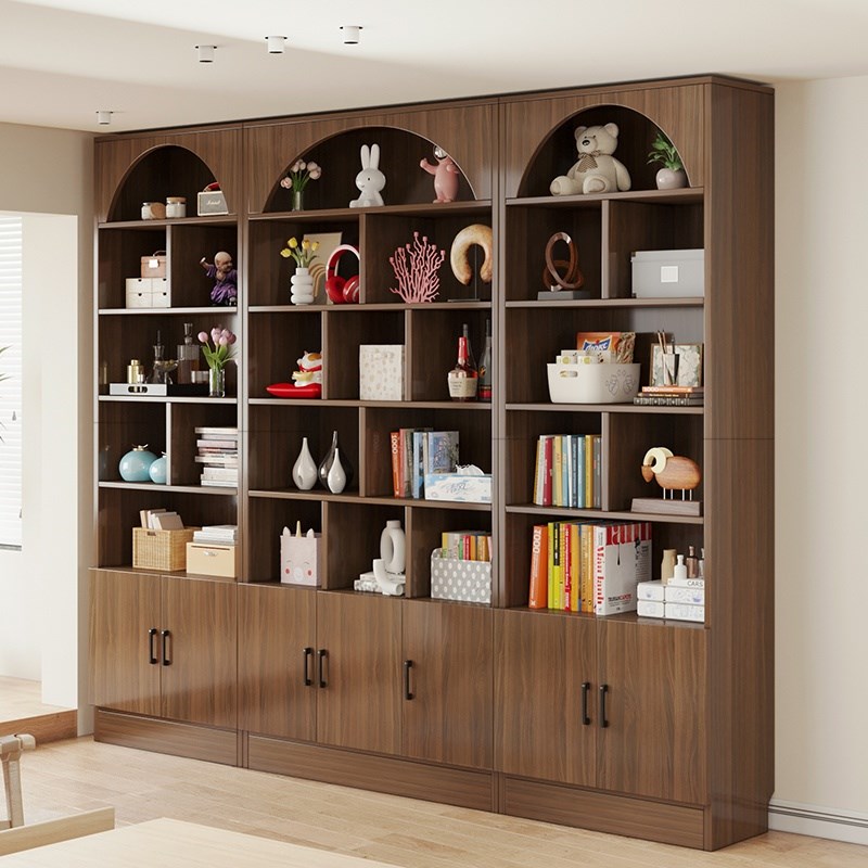 实木书架落地置物架带门客厅展示架拱形收纳储物一体靠墙组合书柜