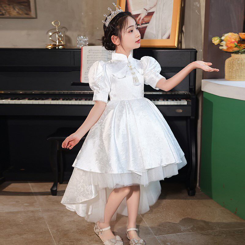 白色女童礼服轻奢小众高端花童公主裙儿童国风小主持人钢琴演出服