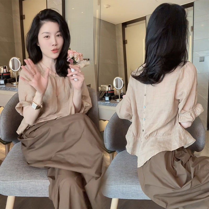 法式轻熟风微胖显瘦穿搭一整套2024新款中袖上衣阔腿裤两件套女装