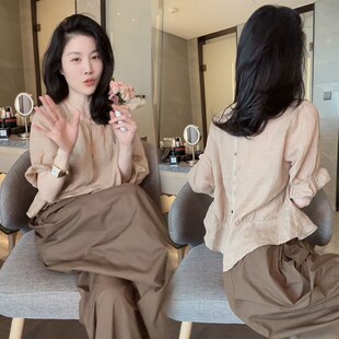 法式轻熟风微胖显瘦穿搭一整套2024新款中袖上衣阔腿裤两件套女装