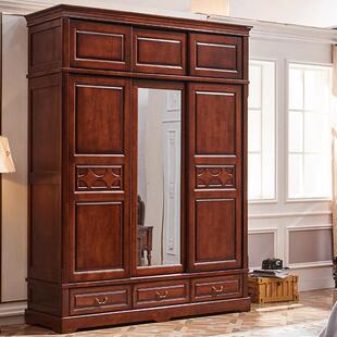 实木衣柜美式乡村仿古做旧推拉移门带抽屉带镜子三门实木大衣橱柜