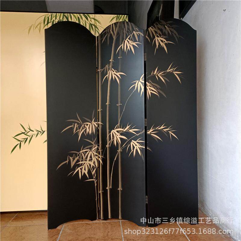 黑色竹子屏风手绘新中式客厅办公室茶室背景隔断简约移动折叠屏风