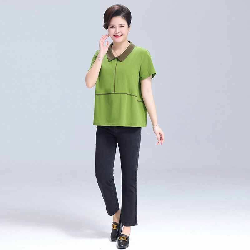 中老年女装纯棉短袖t恤夏季加肥加大码宽松休闲遮肚妈妈翻领上衣