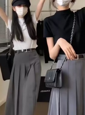 学院风灰色高腰半身裙女大码微胖mm显瘦设计感a字百褶中长裙早秋