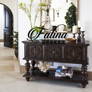 美式乡村实木雕花玄关柜中古风法式靠墙储物柜客厅装饰柜沙发背几