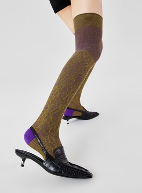 AR暗花堆堆风琴过膝袜绿色百搭高筒女基础袜子春秋护膝长筒袜子