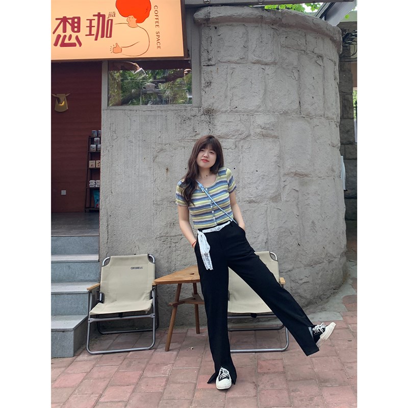 米米子微胖C位腿精百搭显瘦高腰凉感西装开衩裤