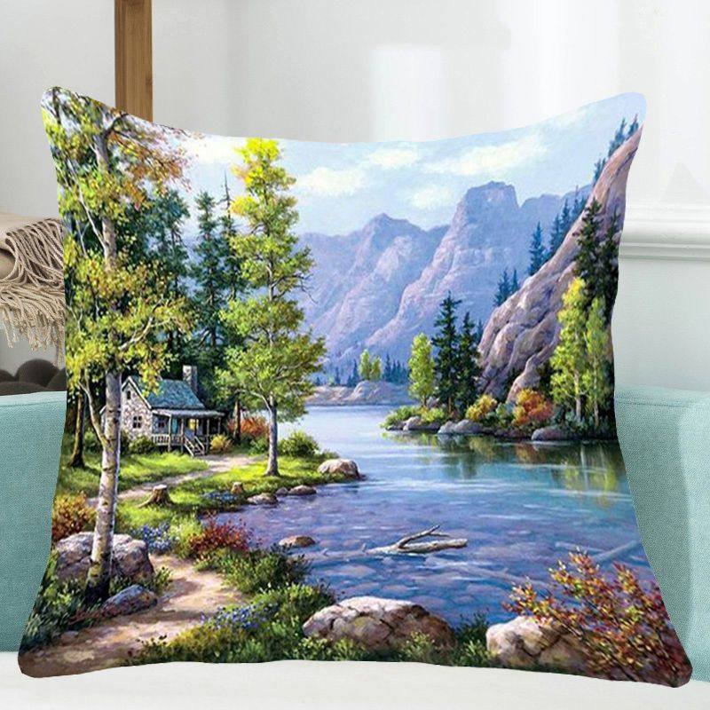 山水风景十字绣抱枕2022新款满绣沙发卧室DIY手工制作自己绣线绣