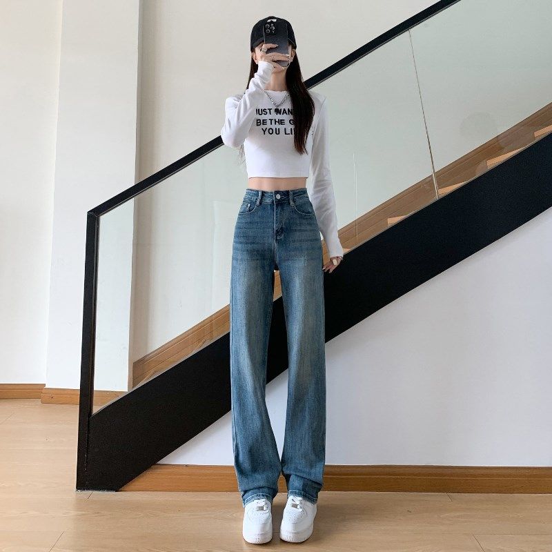 牛仔裤女秋冬款2024年新款高腰窄版阔腿裤复古显瘦小个子直筒裤子