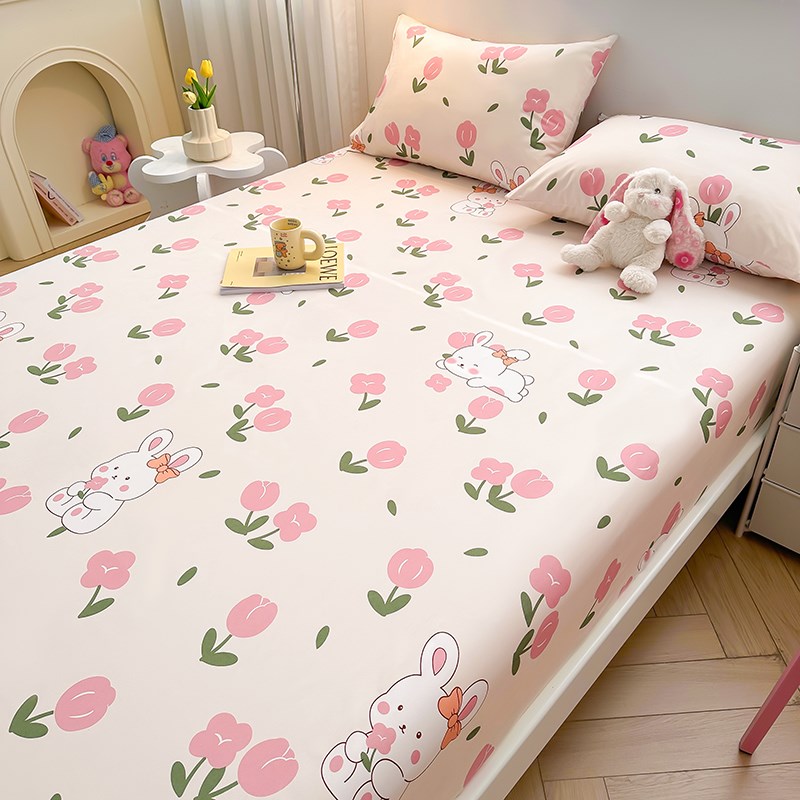 A类抗菌单层水洗棉床笠单件枕套套件宿舍花卉卡通图案亲肤四季款-