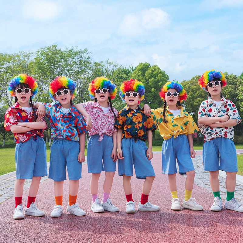 六一儿童节港风啦啦队演出服幼儿园复古花衬衣男女童走秀表演服装