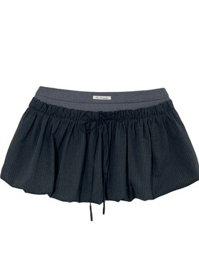 NS76 显瘦百搭蝴蝶结松紧腰抽绳灰色条纹低腰短裙花苞蓬蓬裙子夏