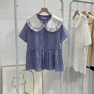 2023夏季新款蓝白小格子蕾丝娃娃领系带宽松森女系甜美女上衣短袖