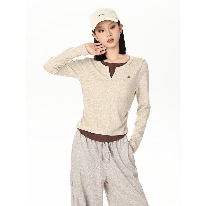 v领长袖假两件女上衣秋季新款高级感修身显瘦t恤短款内搭打底衫