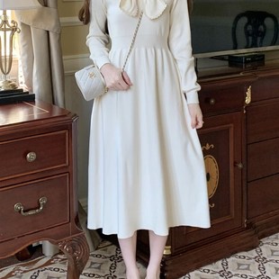 游小姿春季新款小个子温柔百搭蕾丝蝴蝶结长袖针织连衣裙收腰显瘦