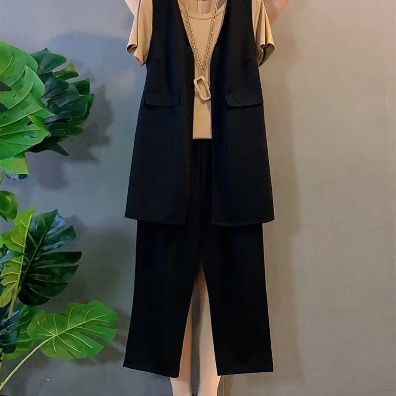 胖mm春夏款中长款马夹直筒休闲裤子短袖t恤打底衫三件套大码女装,女装/女士精品,大码套装,淘宝优惠券,粉丝福利购,淘宝优惠卷