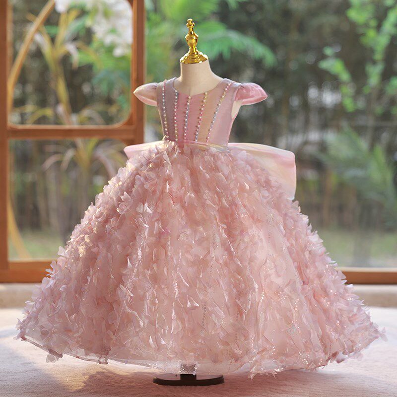 儿童主持人礼服女童公主裙粉色仙气花童裙小女孩生日宴钢琴演出服