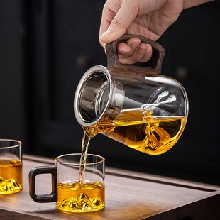耐热玻璃公道杯月牙观山胡桃木把加厚茶海公平杯分茶器不锈钢茶漏
