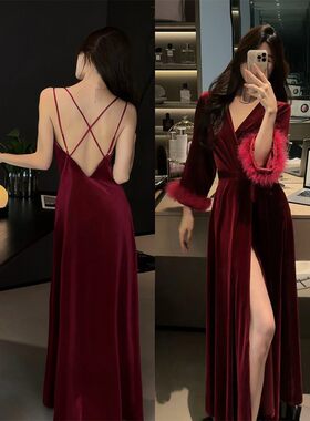 法式丝缎绒长裙长袍睡裙女