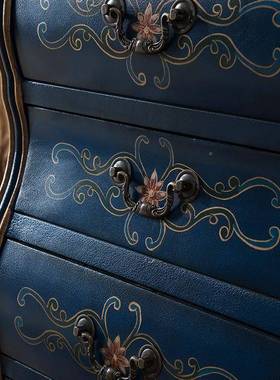 12142式蓝色七斗柜复古花立柜收纳柜客厅边柜装雕柜卧室饰物储柜