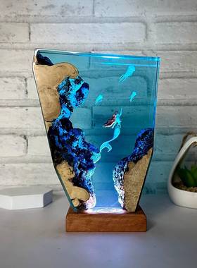 美母人鱼和水树脂LY101夜灯环氧树脂和木制夜灯照明海洋父树灯脂