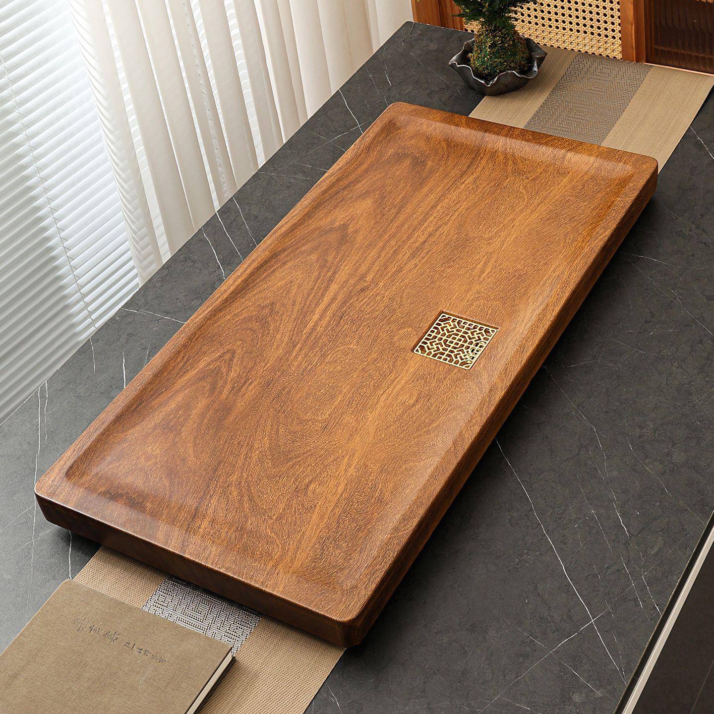 檀木茶茶盘实木家用新块黑款小型带黑观雲排水办公室整原木托盘茶