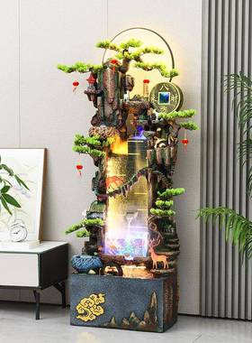 家新中式假KTD流水喷泉鱼缸客厅装居饰山落地水景店铺公司前台循