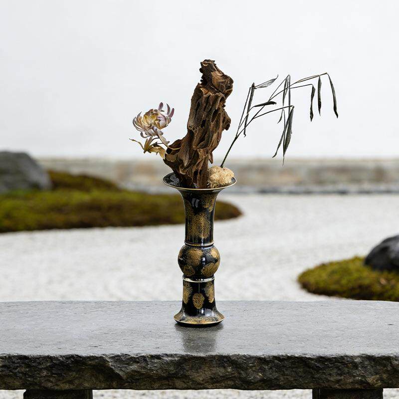 中古风轻奢花瓶摆件楼售间样板饰摆件客厅装金箔黑金插花瓶金箔黑