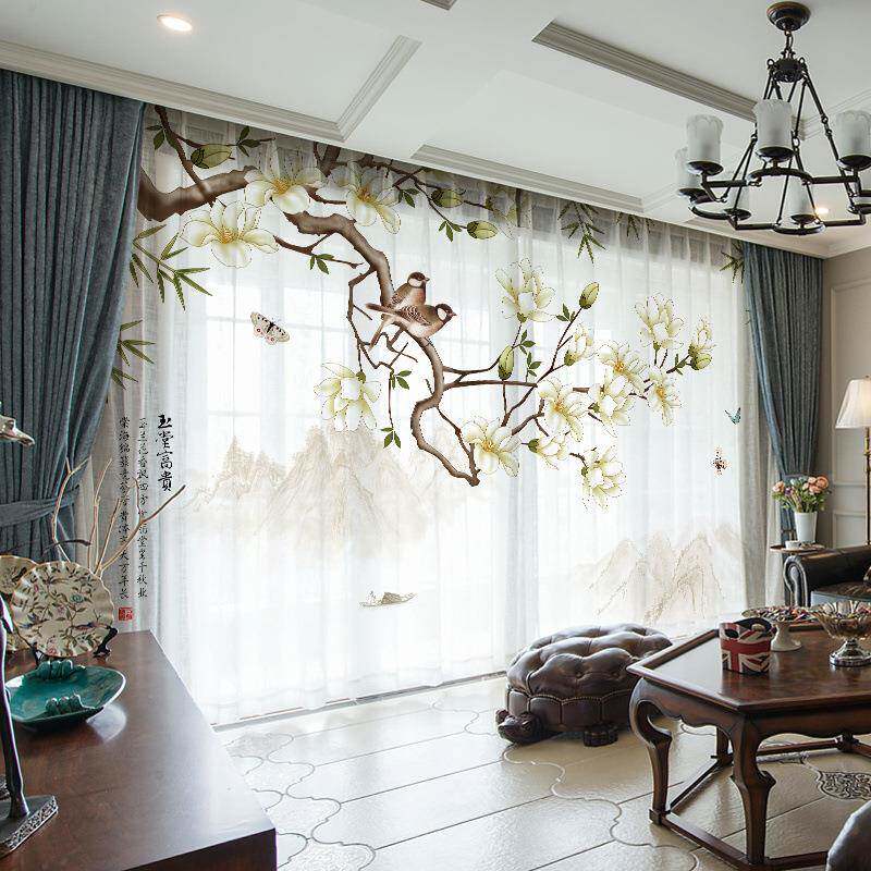 窗窗纱帘中厅式帘布1332021新款客花鸟卧室风禅新意