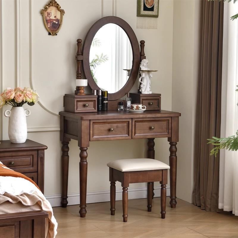 美式复古梳妆台卧室带抽屉带镜子带收纳盒现代简约实木收纳化妆桌