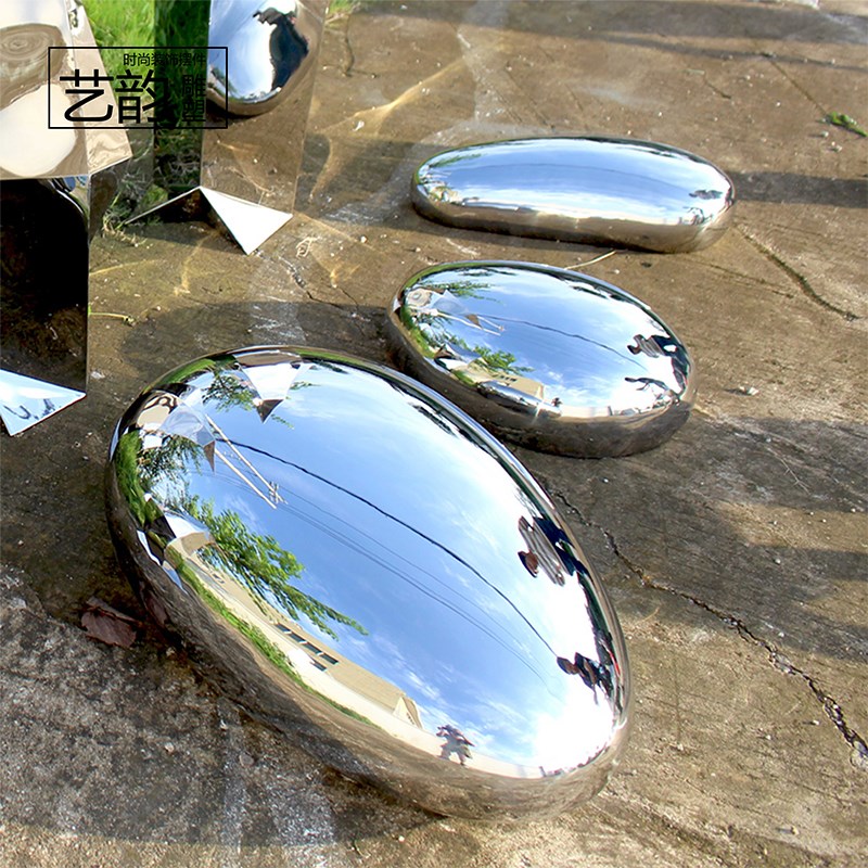 户外庭院不锈钢亮光鹅卵石园林雕塑草坪水池景观水滴石头落地摆件