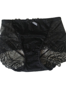 欧美大码黑色蕾丝中腰包臀女士内裤头灰色透明网纱无痕三角裤女
